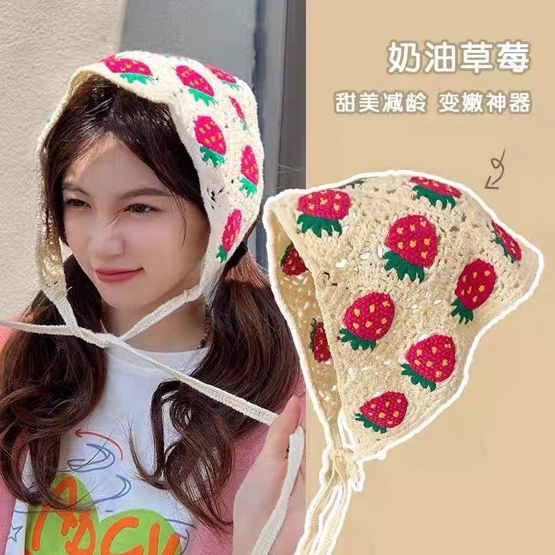 韓國ins小蘑菇草莓手工鈎花鏤空三角巾甜美可愛綁帶束髮包頭巾帽