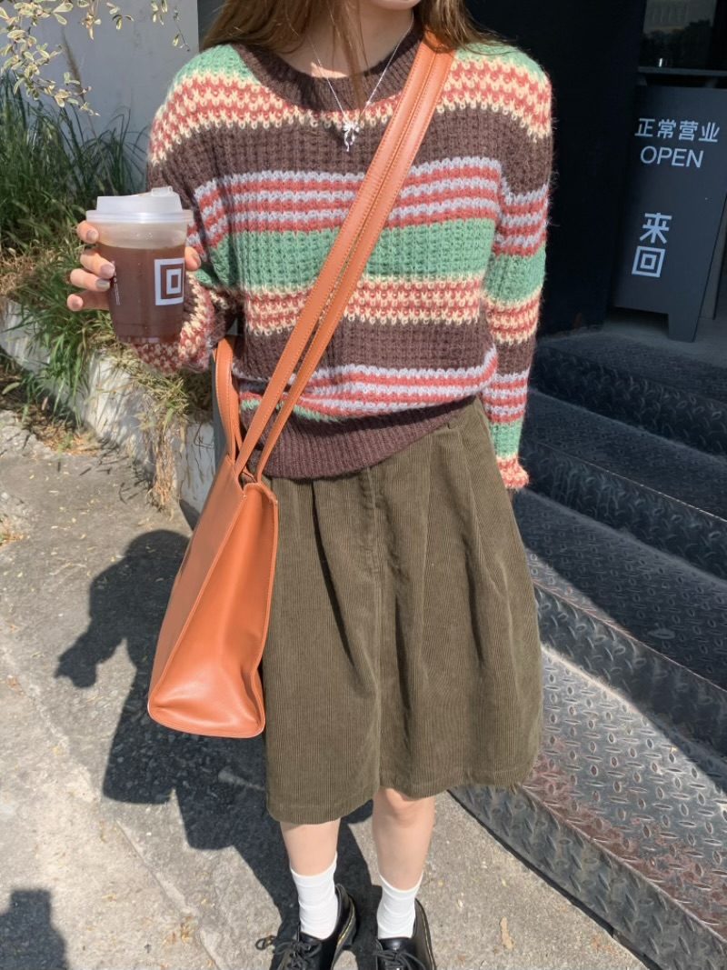 實拍復古撞色套頭毛衣+燈芯絨傘裙套裝