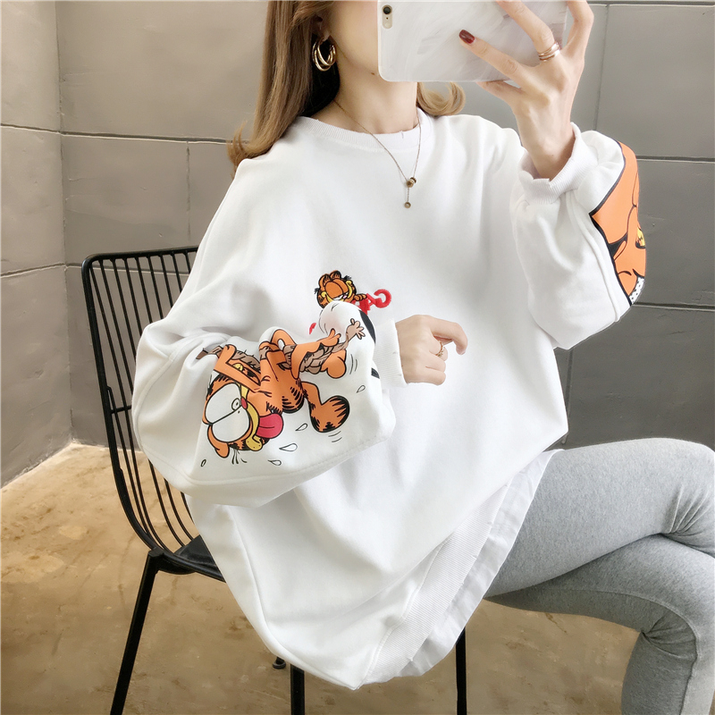 Real shot of new autumn clothing Korean style trendy round neck cartoon embroidery loose mid-length plus size women's thin sweatshirt for women