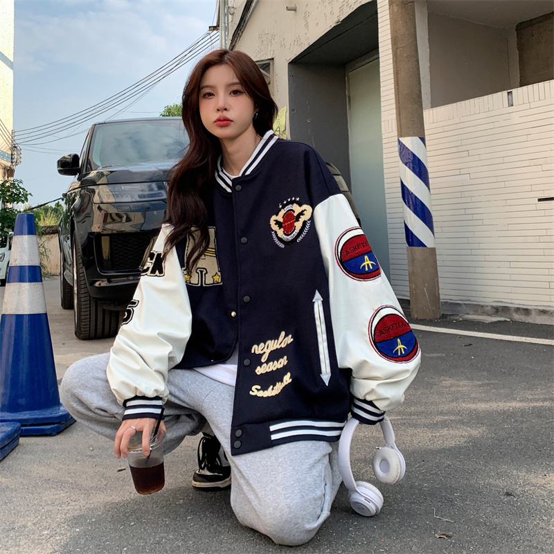 vintage棒球服oversize高街外套女美式2023新款春秋廣州情侶秋季