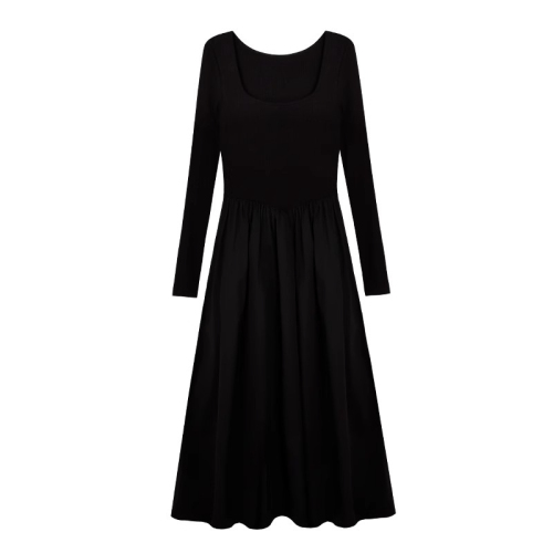High-end square neckline slim and elegant Hepburn style A-line skirt for women  spring and autumn new long dress ins