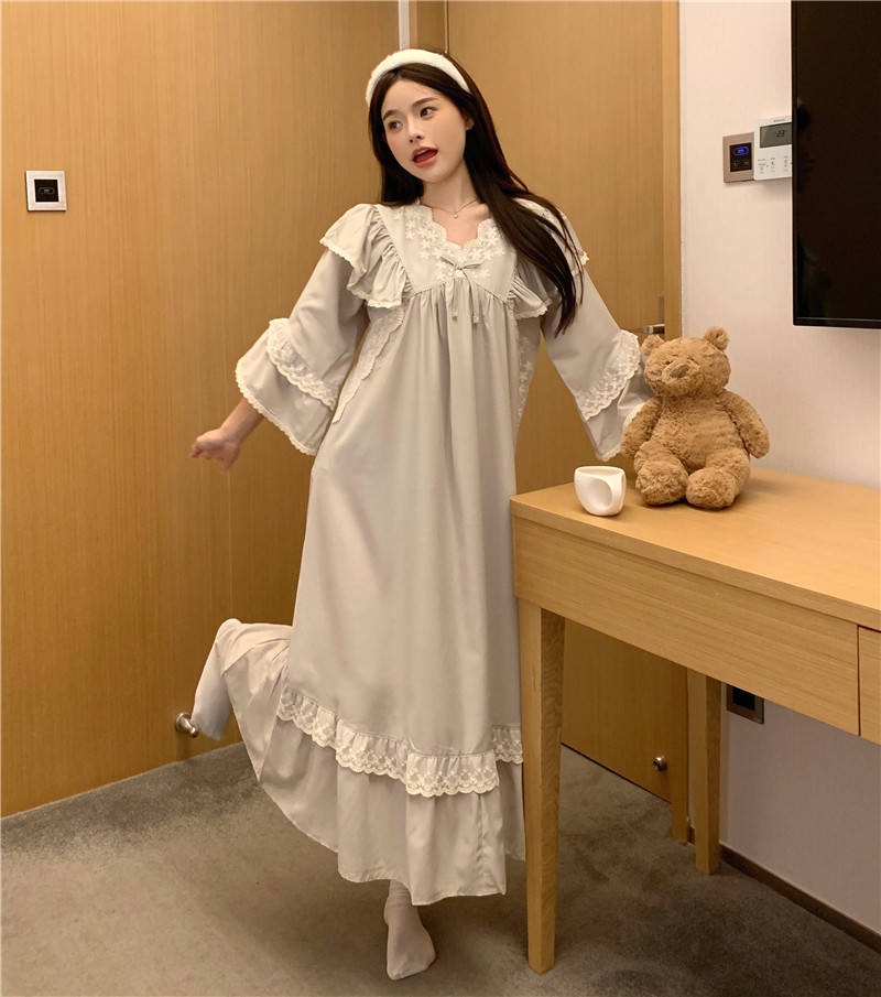 實拍韓版寬鬆全棉重工蕾絲甜美宮廷風喇叭袖家居服套裝睡裙