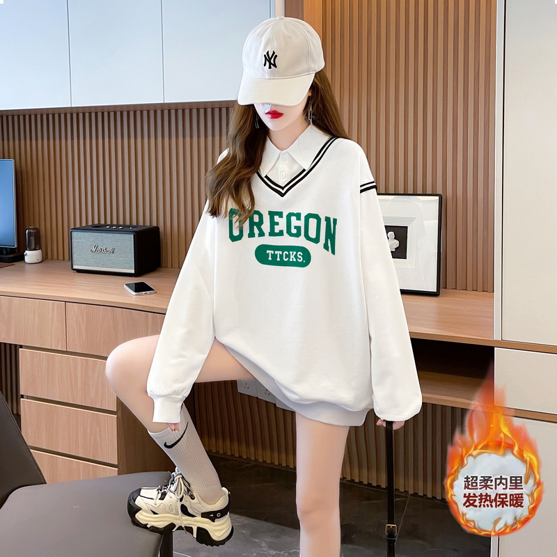 實拍包領 加絨polo領假兩件衛衣女新款秋冬洋氣寬鬆設計感上衣潮