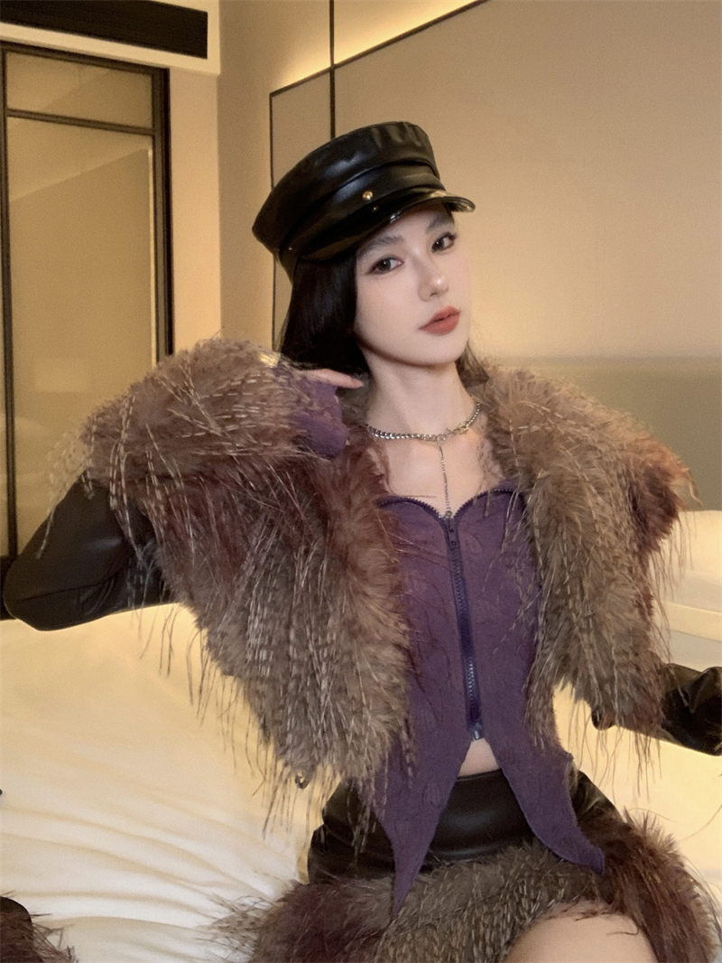 實拍~復古美式辣妹風段染環保長毛翻領短款皮外套+短裙+腰封