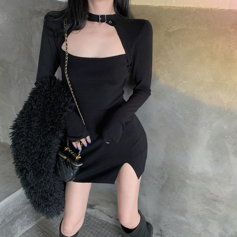 實拍 黑色修身針織連衣裙女冬季性感辣妹長袖收腰打底包臀裙