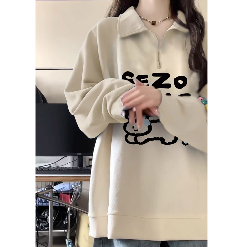 Original workmanship apricot polo collar half-zip sweatshirt for women 2023 new autumn and winter casual jacket trendy tops