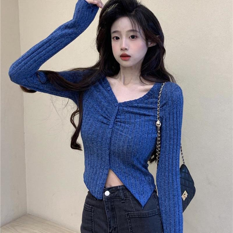 美式辣妹純欲風t恤女秋季設計感不規則甜辣v領氣質修身打底衫上衣
