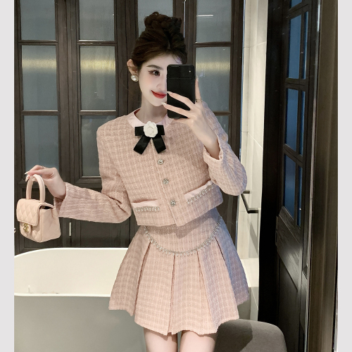 Real shot of small fragrant style jacket suit for women  new heavy industry pleated skirt two-piece set