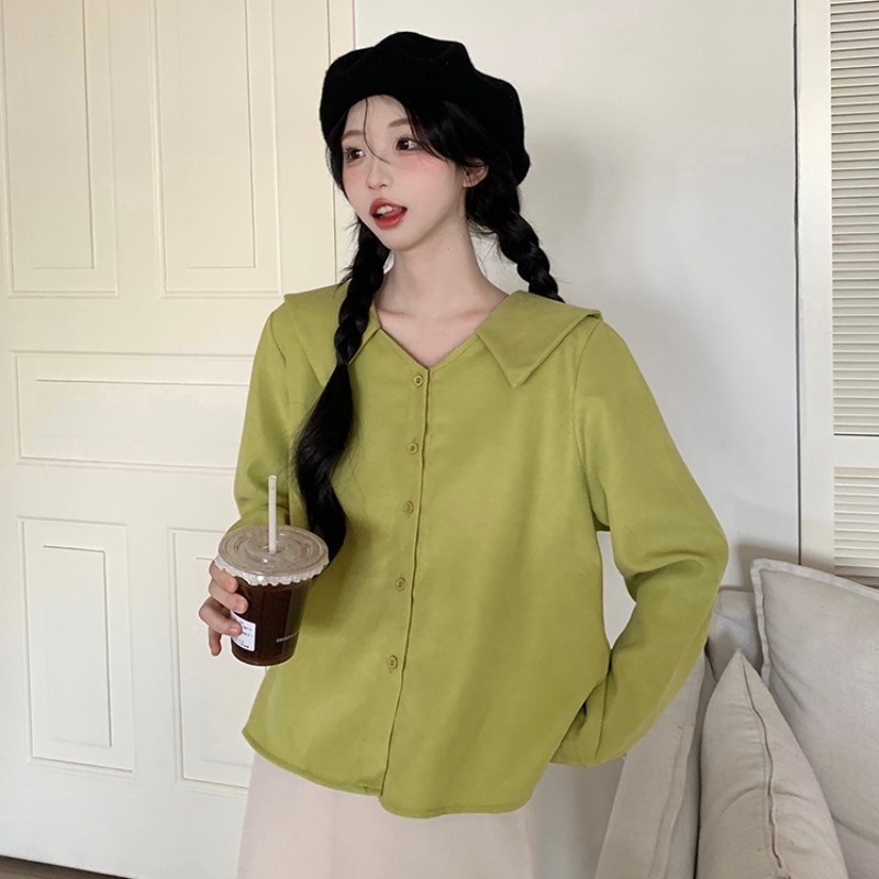 學院風甜美可愛翻領長袖襯衫女春秋季寬鬆開衫襯衣設計感小眾上衣