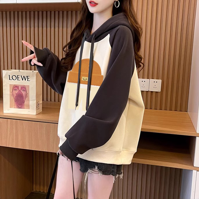 仿華棉複合220克銀狐絨/後包領秋冬加絨加厚拼色插肩袖衛衣女