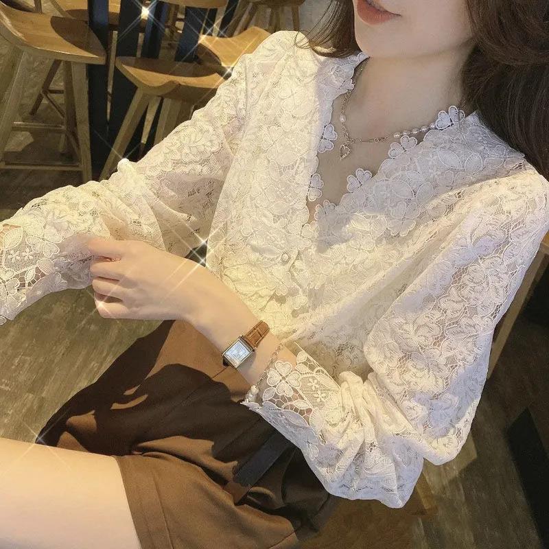 2023秋裝新款大碼女裝蕾絲V領甜美洋氣長袖單排扣襯衫M-4XL200斤