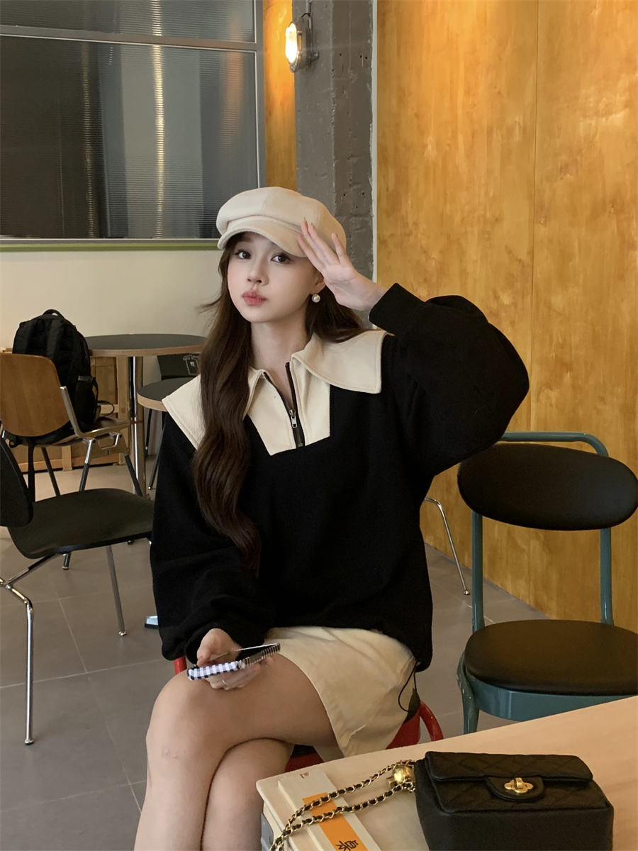 實拍！慵懶風撞色翻領寬鬆長袖套頭衛衣氣質百搭加絨上衣女