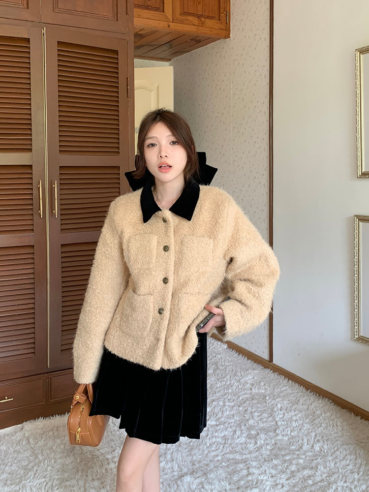 實拍 秋冬撞色短款羊圈毛呢保暖外套套裝