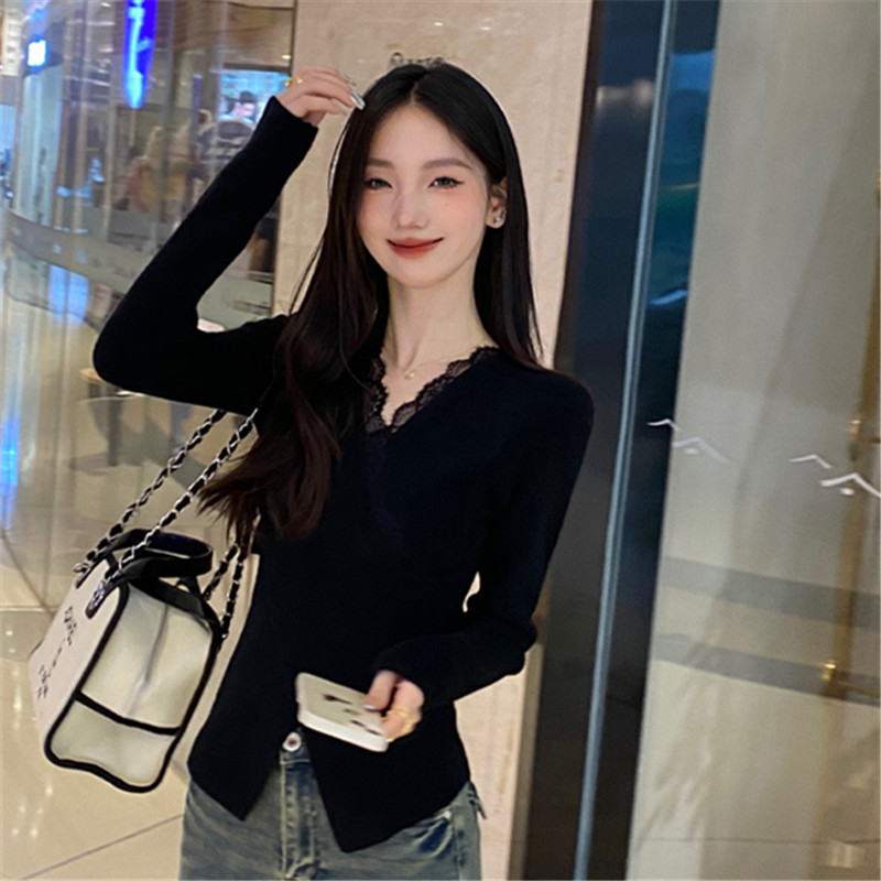 Super nice knitted sweater v-neck inner bottoming shirt for women autumn and winter 2023 new sweater design niche top