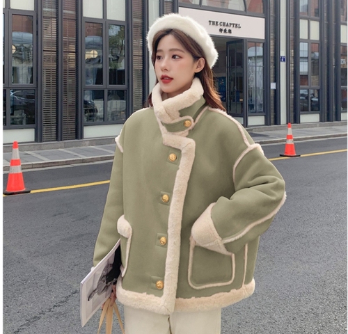 Pink lambswool jacket for women short winter fur all-in-one  new style Korean style thickened cotton coat trendy for small people