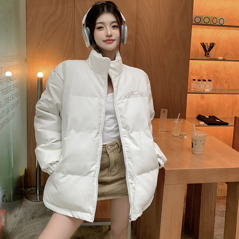實拍  冬季韓系新款棉衣棉服白色麵包服復古PU皮短款棉襖加厚外套