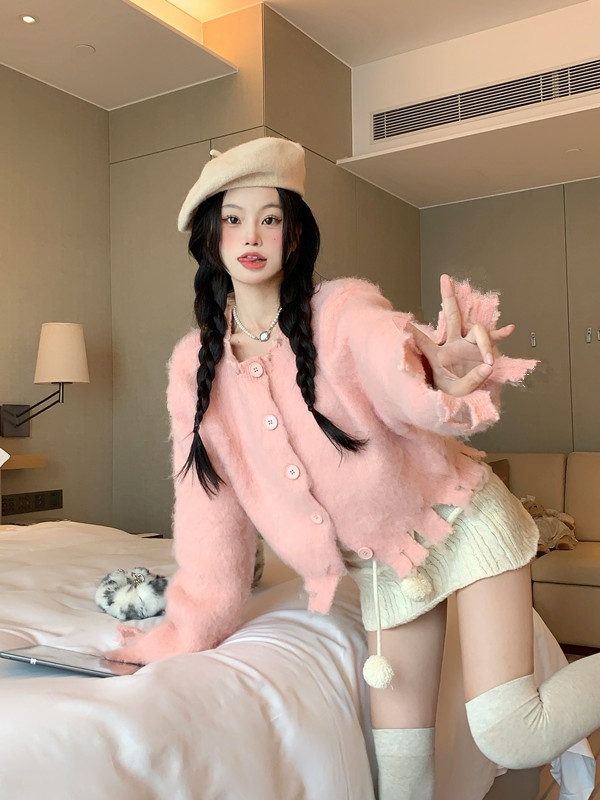 實拍 韓版冬季新款純色長袖寬鬆軟糯不規則破爛感毛衣上衣女