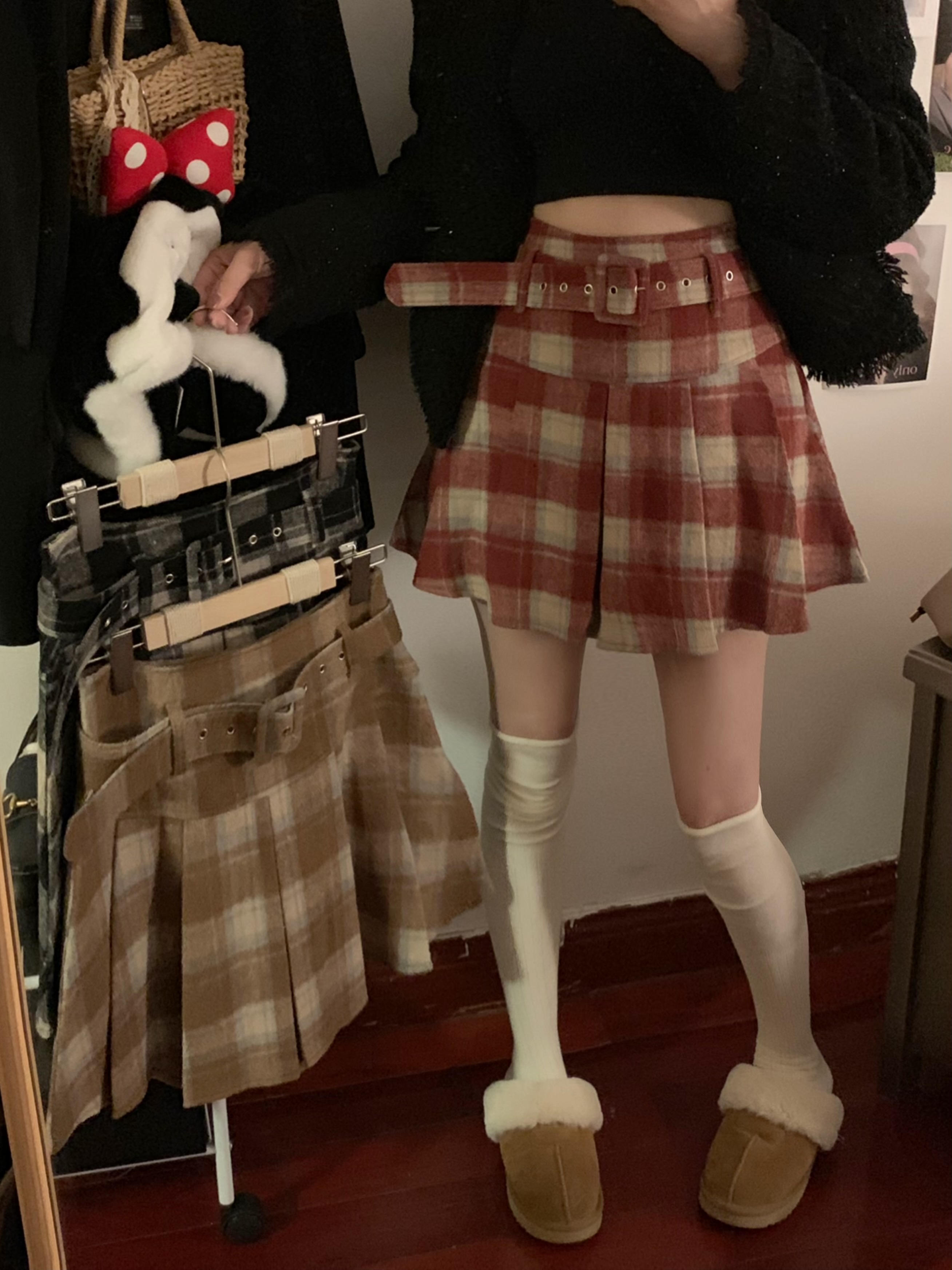 實拍 半身裙秋冬格子毛呢高腰紅色小個子a字百褶裙短裙配腰帶