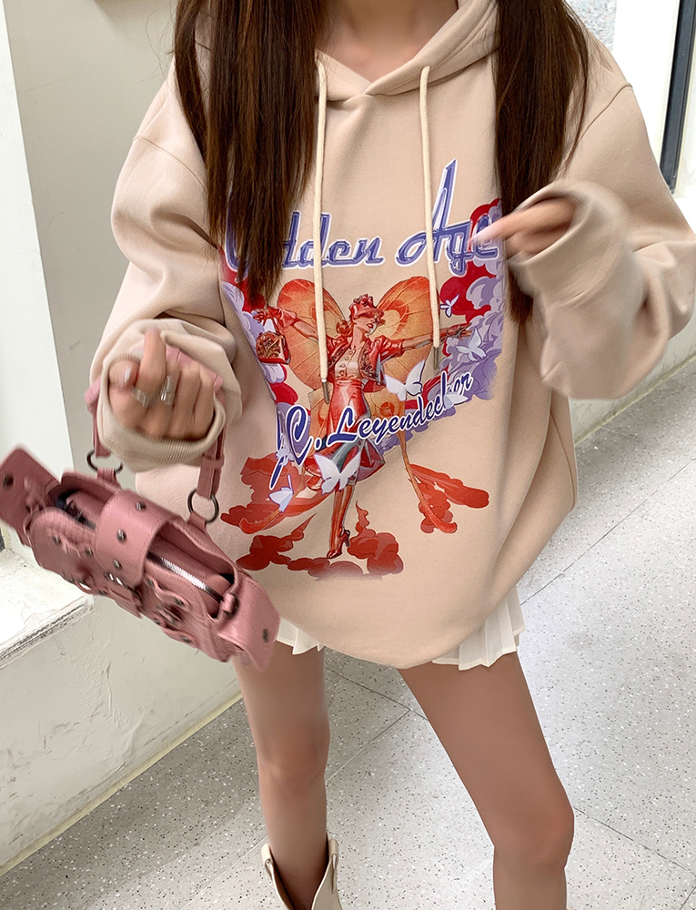 實拍2023秋冬新款網紅ins潮設計連帽加絨衛衣女寬鬆休閒印花上衣