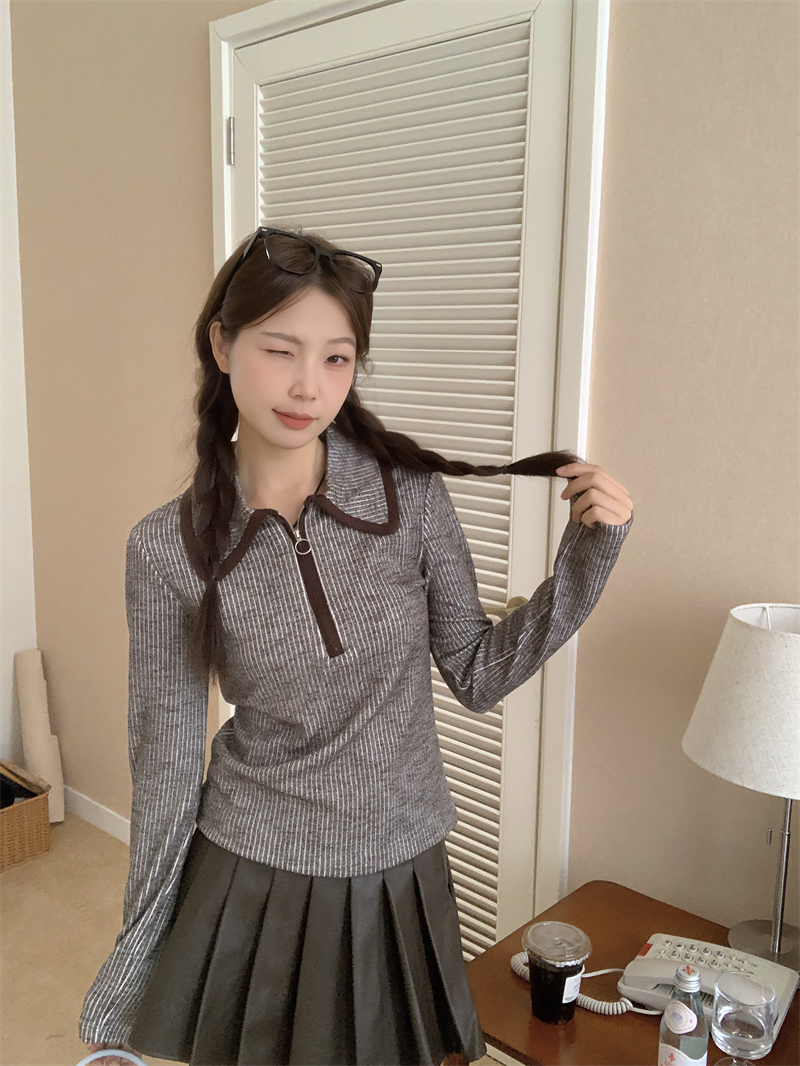 實拍：親膚坑條復古小翻領修身顯瘦長袖套頭甜酷辣妹針織上衣