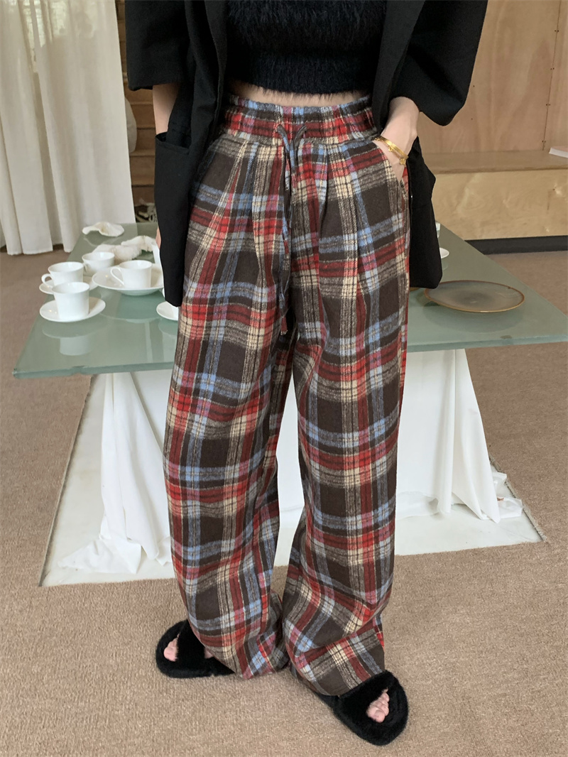 實拍 痞帥復古格紋寬鬆百搭休閒褲闊腿褲外穿長褲格子褲子女