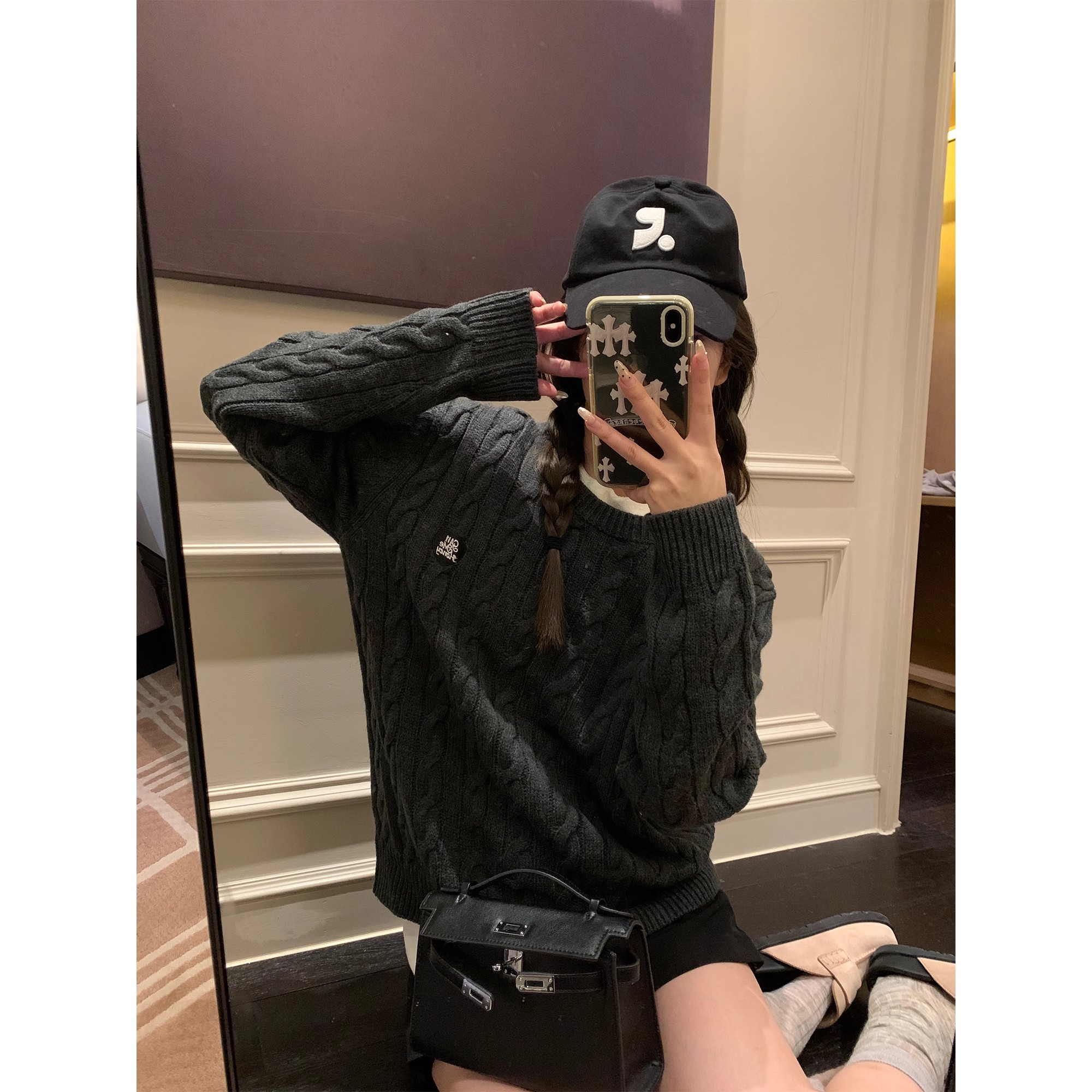 ASHENONLINE 清潭洞女高 上衣女秋冬針織衫軟糯麻花白色圓領毛衣