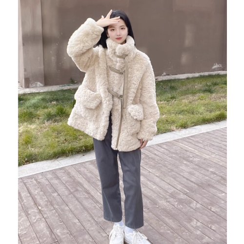 Lamb wool coat for women 2023 winter new style fur all-in-one mid-length coat thickened imitation rabbit plush fur