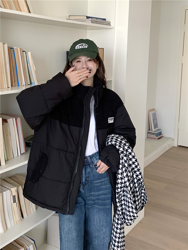 實拍2023新款燈芯絨拼接棉襖情侶外套麵包服毛巾繡花棉衣外套