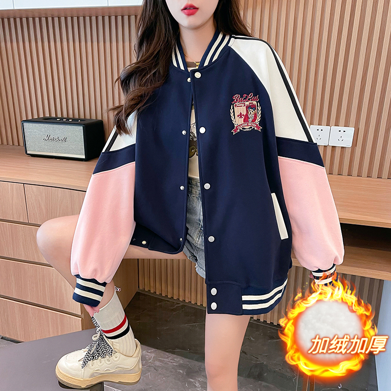 Actual shot of pure cotton Chinese cotton composite silver fox velvet back collar embroidered contrasting color baseball uniform women's cardigan raglan sleeve jacket