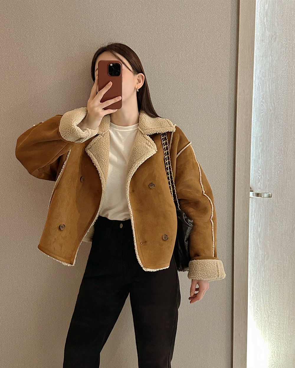 Suede jacket, warm and thickened in winter, long-sleeved double-breasted solid color, buckskin cotton coat for women, Korean style chic
