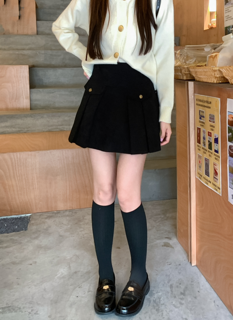 實拍 美拉德復古學院防走光金扣高腰百褶裙