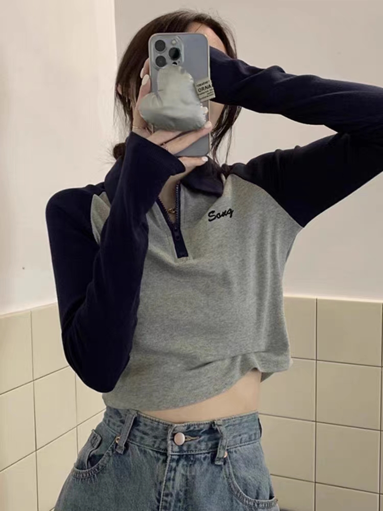 純棉螺紋美式撞色Polo領修身顯瘦長袖T恤女秋季打底衫短款上衣潮