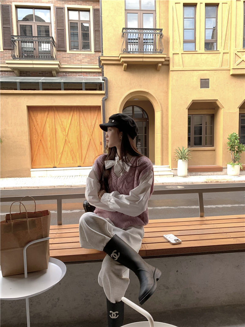 實拍 韓系少女疊穿桃心領麻花毛衣馬甲
