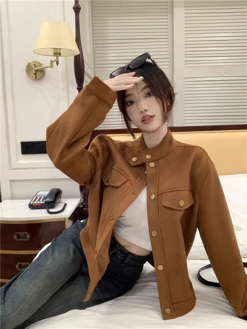 法式復古咖色長袖外套女秋季2023新款時尚寬鬆加厚百搭單排扣上衣
