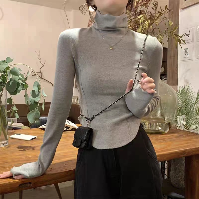 1*1螺紋德絨高領打底衫女內搭秋冬堆堆領不規則上衣修身長袖t恤