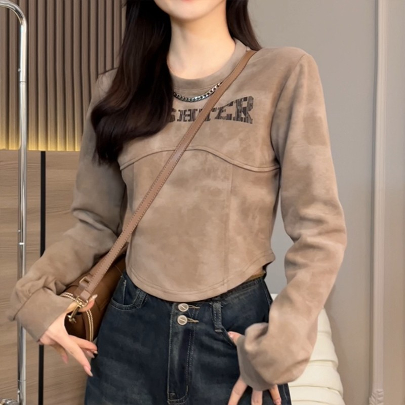 華棉複合美拉德色顯瘦設計感印花圓領短款長袖衛衣