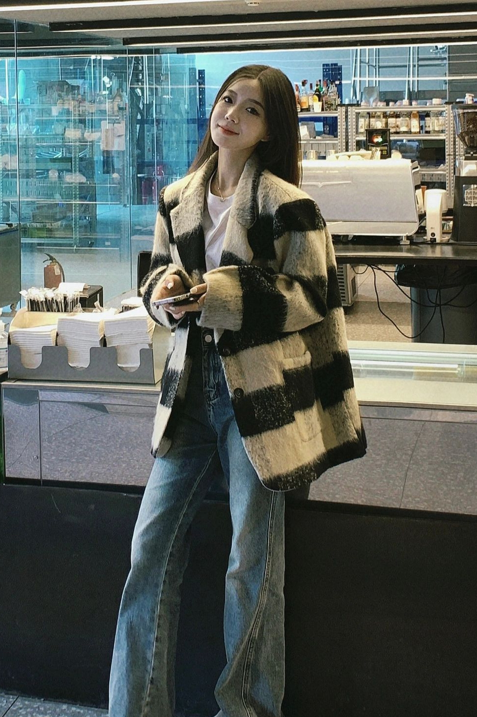 韓系格子毛呢西裝外套女裝秋冬中長款赫本風寬鬆氣質加厚呢子大衣