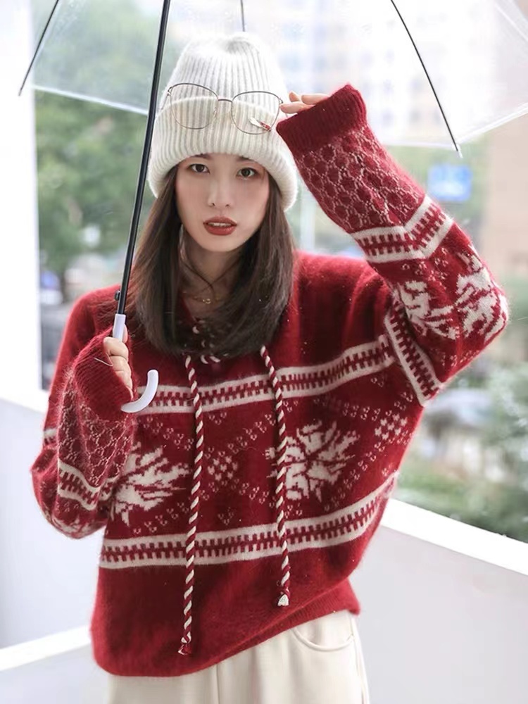 毛衣廠家浣熊絨紅色毛衣女秋冬慵懶風軟糯高級感寬鬆套頭聖誕