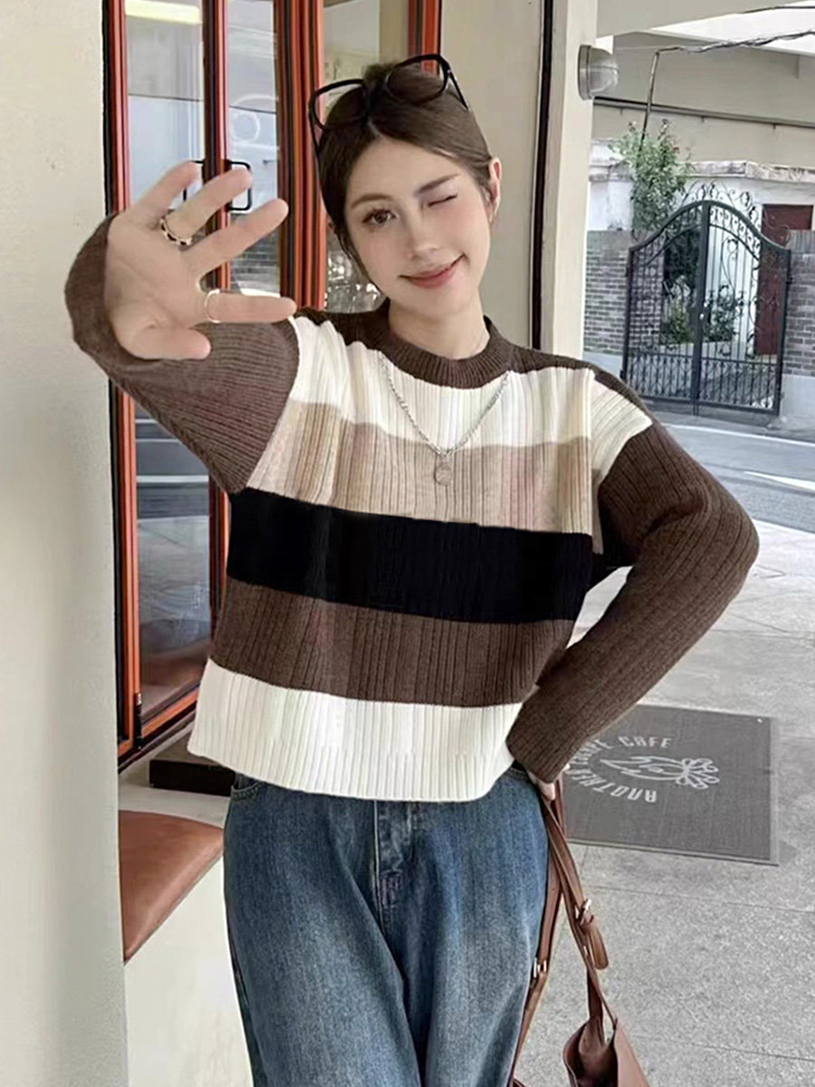 拼接撞色條紋毛衣女2023秋季新款圓領寬鬆簡約洋氣短款針織衫外套