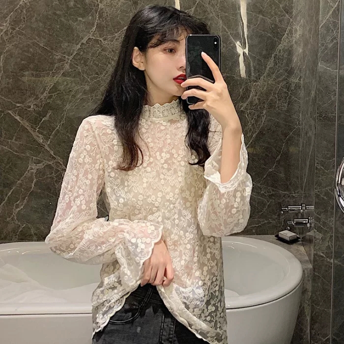 蕾絲衫女2023秋季新款韓版網紗內搭花邊蕾絲領超仙洋氣打底上衣