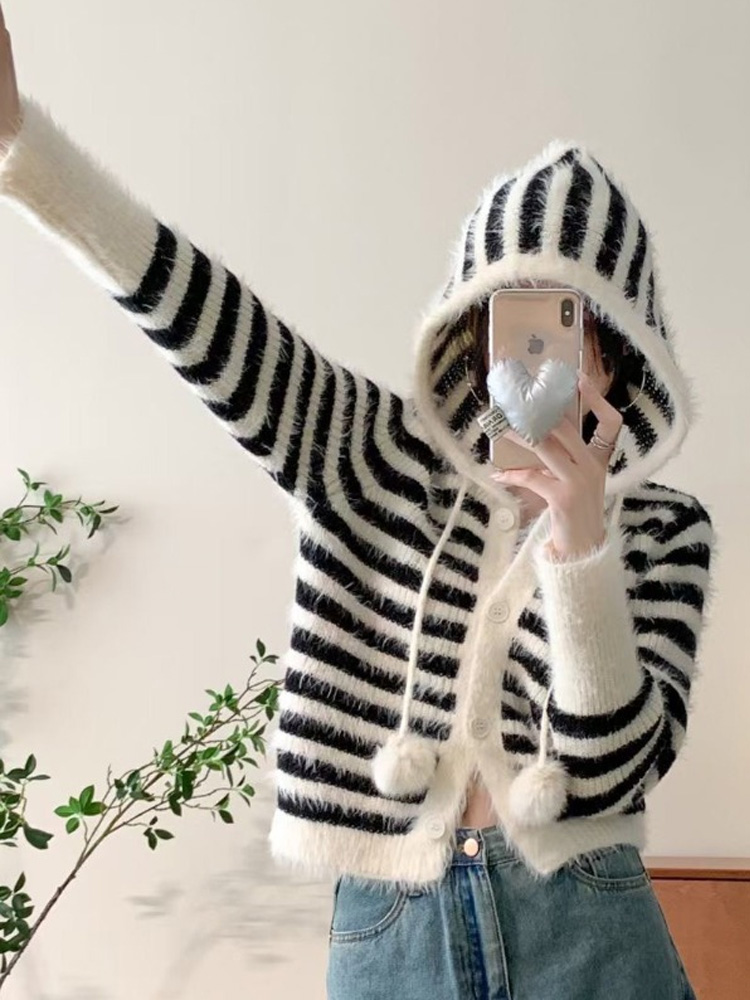 超好看撞色條紋海馬毛毛衣開衫女秋冬2023新款小個子短款加厚上衣