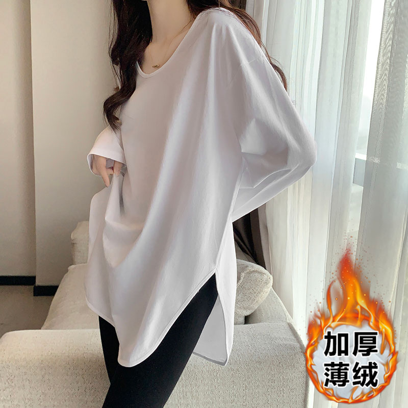 實拍純棉v領長袖t恤女秋冬季不規則開叉寬鬆顯瘦中長款打底衫