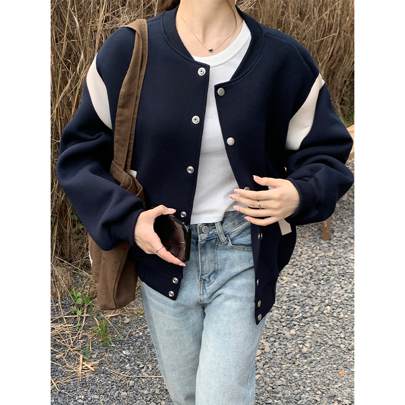 Real shot of American retro Korean version ins autumn and winter contrasting color loose casual jacket women's college style baseball uniform jacket