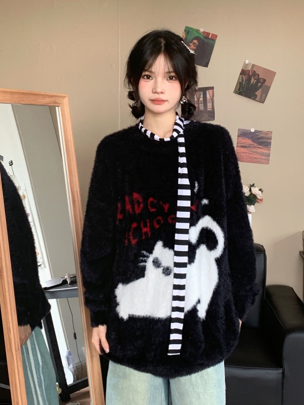 秋冬美式重工卡通貓咪圓領套頭針織衫趣味寬鬆毛衣