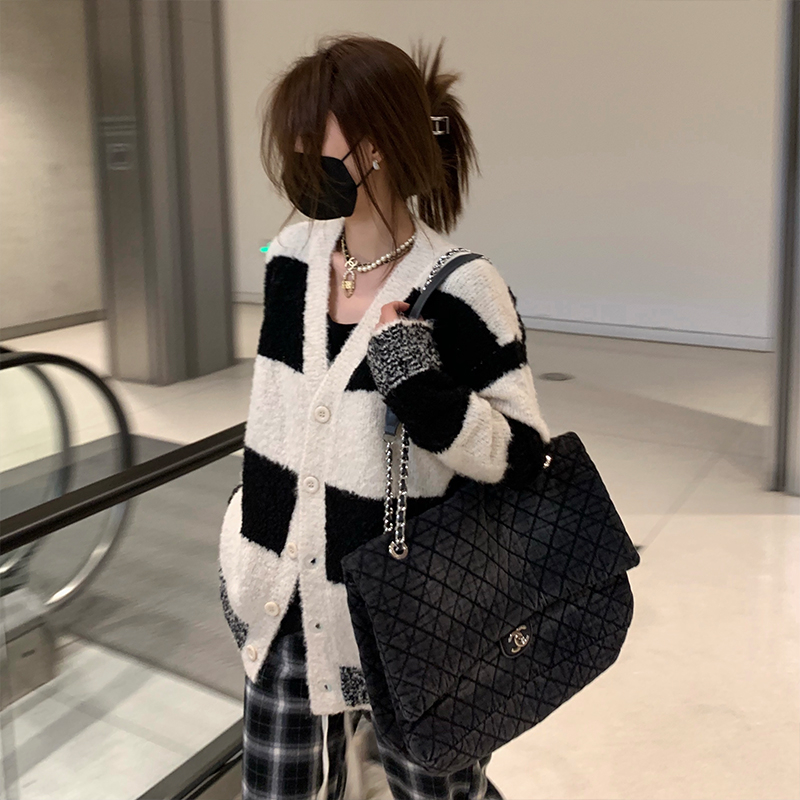 優質慵懶風軟糯條紋毛衣開衫女秋冬寬鬆大碼中長款設計感針織外套