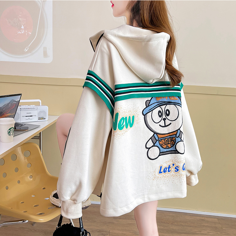 實拍 寬鬆連帽棒球服外套女春秋設計感小眾撞色拼接刺繡開衫