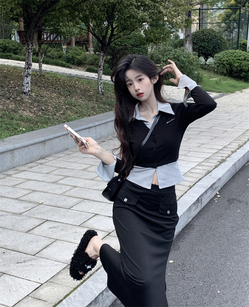實拍 撞色假兩件長袖上衣女2023秋冬新款顯瘦高腰半裙辣妹套裝