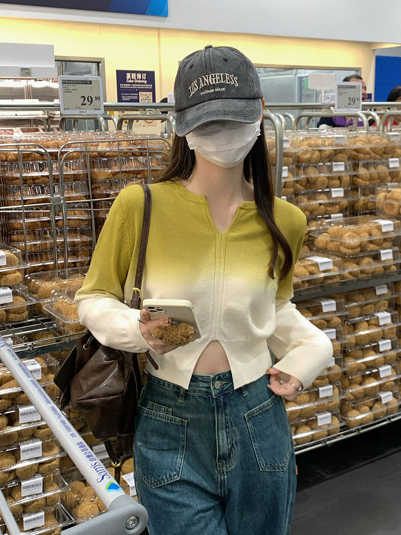 實拍 辣妹穿搭開叉露腰收腰顯瘦針織衫漸變色洋氣百搭毛衣