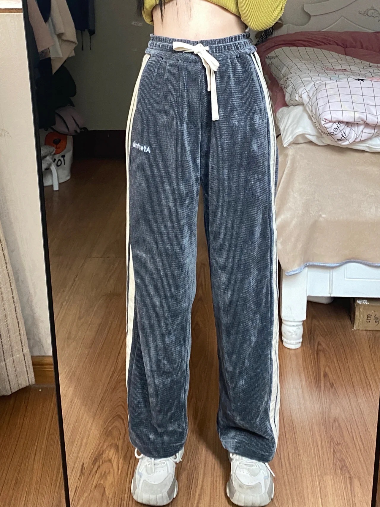 歐棉絨海草水波紋立體腰頭內包邊復古秋冬男小眾百搭長褲子女潮
