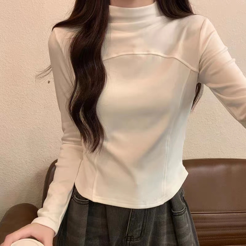 1*1螺紋德絨磨毛加厚半高領長袖打底衫女秋冬新款弧形下擺短上衣